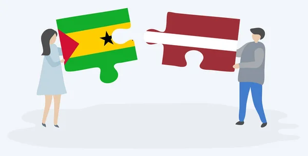 Casal Segurando Duas Peças Quebra Cabeças Com Bandeiras São Tomé — Vetor de Stock