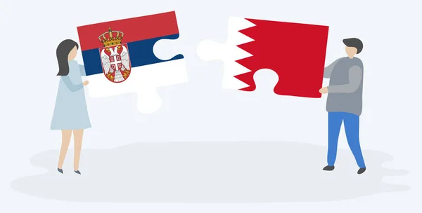 Casal Segurando Duas Peças Quebra Cabeças Com Bandeiras Sérvias Bahrein — Vetor de Stock