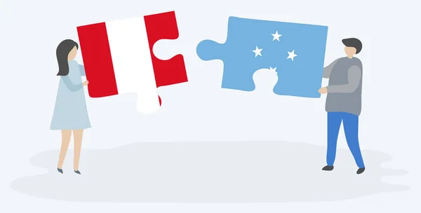Perulu Mikronezya Bayrakları Ile Iki Bulmaca Parçaları Tutan Çift Peru — Stok Vektör