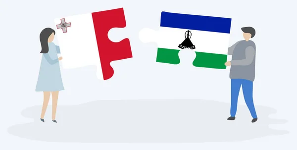 マルタとバソトの旗を持つ2つのパズルピースを保持しているカップル マルタとレソトの国のシンボル — ストックベクタ