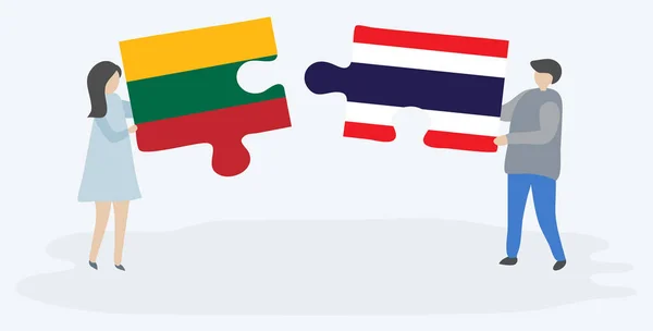 Casal Segurando Duas Peças Quebra Cabeças Com Bandeiras Lituanas Tailandesas — Vetor de Stock