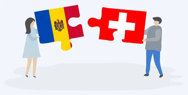 Pareja Sosteniendo Dos Piezas Rompecabezas Con Banderas Moldavas Suizas Moldavia — Vector de stock