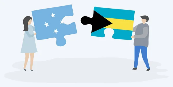 Pareja Sosteniendo Dos Piezas Rompecabezas Con Banderas Micronesia Bahamas Micronesia — Vector de stock