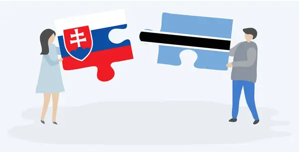 Couple Holding Two Puzzles Pieces Slovak Motswana Flags Slovakia Botswana — Stock Vector