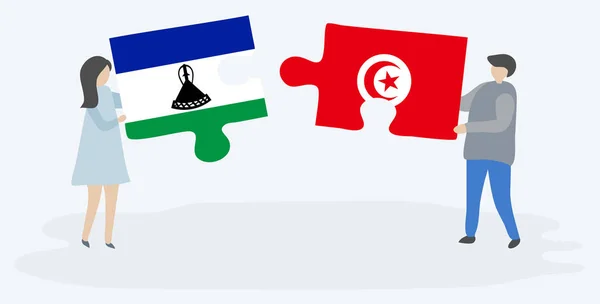 Couple Holding Two Puzzles Pieces Basotho Tunisian Flags Lesotho Tunisia — Stock Vector