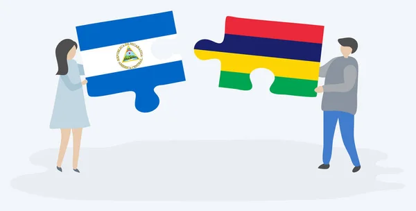 Couple Tenant Deux Pièces Puzzles Avec Des Drapeaux Nicaraguayens Mauriciens — Image vectorielle