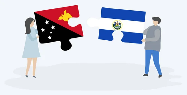 Para Trzyma Dwa Puzzle Kawałki Papuan Salwador Flagi Symbole Narodowe — Wektor stockowy