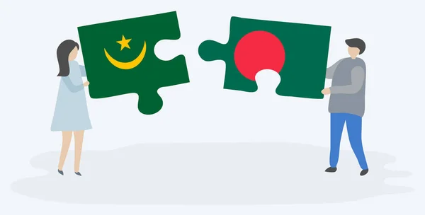 一对夫妇拿着两块拼图 上面挂着毛里塔尼亚和孟加拉国国旗 毛里塔尼亚和孟加拉国国家符号在一起 — 图库矢量图片