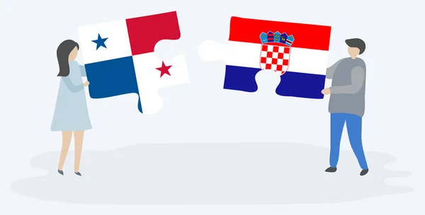 Couple Tenant Deux Pièces Puzzles Avec Des Drapeaux Panaméens Croates — Image vectorielle