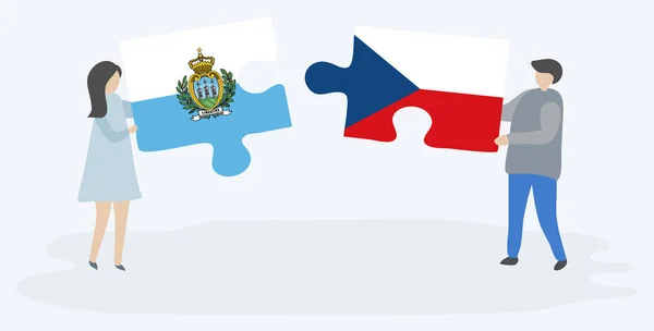 Pareja Sosteniendo Dos Piezas Rompecabezas Con Banderas Sammarinese Czech San — Vector de stock