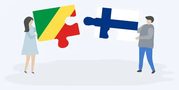 Pareja Sosteniendo Dos Piezas Rompecabezas Con Banderas Congoleñas Finlandesas República — Vector de stock
