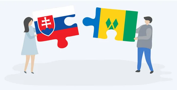 Casal Segurando Duas Peças Quebra Cabeças Com Bandeiras Eslovacas Vicentinas —  Vetores de Stock