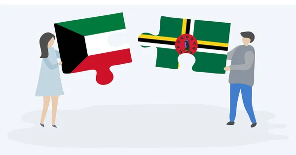 Pareja Sosteniendo Dos Piezas Rompecabezas Con Banderas Kuwaitíes Dominicanas Kuwait — Vector de stock