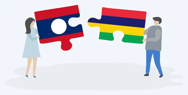 Couple Tenant Deux Pièces Puzzles Avec Des Drapeaux Lao Mauricien — Image vectorielle