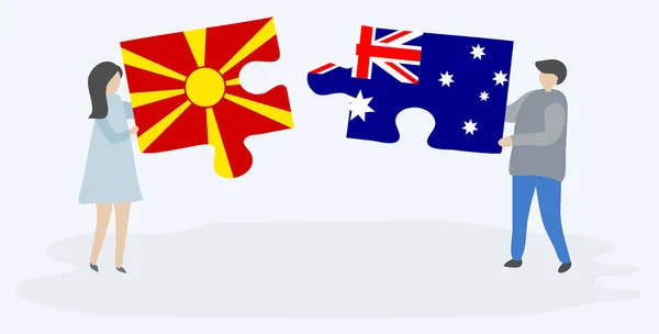 Paar Houden Twee Puzzels Stukken Met Macedonische Australische Vlaggen Macedonië — Stockvector