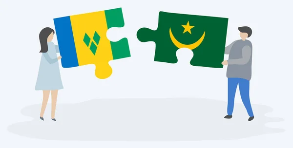 Paar Houden Twee Puzzels Stukken Met Vincentian Mauritaanse Vlaggen Saint — Stockvector
