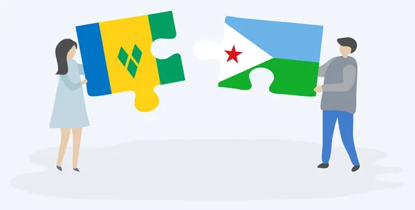 Пара Держащая Две Головоломки Винчентианскими Джибутийскими Флагами Сент Винсент Гренадины — стоковый вектор