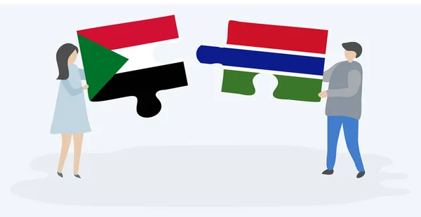 Pareja Sosteniendo Dos Piezas Rompecabezas Con Banderas Sudanesas Gambianas Sudán — Archivo Imágenes Vectoriales
