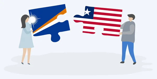 Paar Mit Zwei Puzzleteilen Mit Streckenposten Und Liberianischen Flaggen Marshallinseln — Stockvektor
