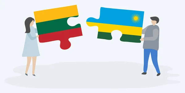 Paar Houden Twee Puzzels Stukken Met Litouwse Rwankaanse Vlaggen Litouwen — Stockvector