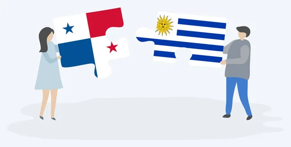 Couple Holding Two Puzzles Pieces Panamanian Uruguayan Flags Panama Uruguay — Stock Vector