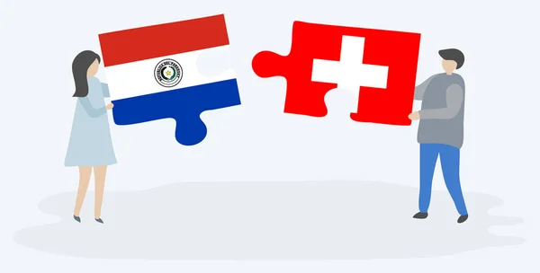 Couple Holding Two Puzzles Pieces Paraguayan Swiss Flags Paraguay Switzerland — Stock Vector