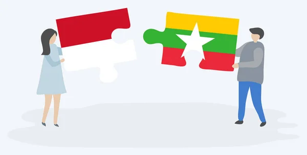 Пара Держащая Две Головоломки Монако Бирманскими Флагами Государственные Символы Монако — стоковый вектор