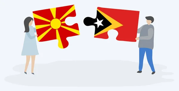 Couple Tenant Deux Pièces Puzzles Avec Des Drapeaux Macédoniens Timorais — Image vectorielle