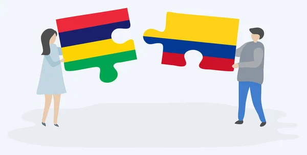 一对夫妇拿着两块拼图 上面挂着毛里求斯和哥伦比亚国旗 毛里求斯和哥伦比亚国家符号在一起 — 图库矢量图片