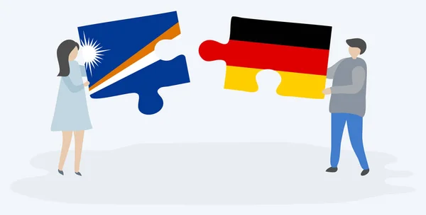 Couple Tenant Deux Pièces Puzzles Avec Des Drapeaux Marshallais Allemands — Image vectorielle