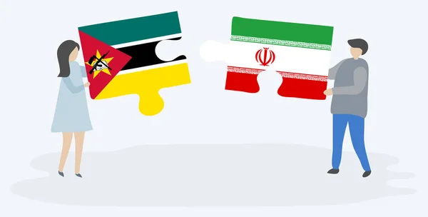 Couple Tenant Deux Pièces Puzzles Avec Des Drapeaux Mozambicains Iraniens — Image vectorielle