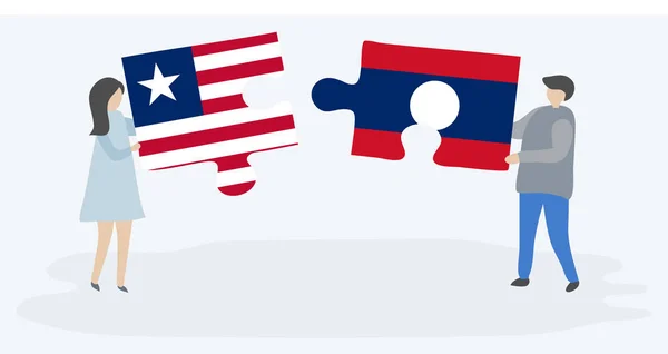 Paar Mit Zwei Puzzleteilen Mit Liberianischen Und Laotischen Flaggen Liberia — Stockvektor
