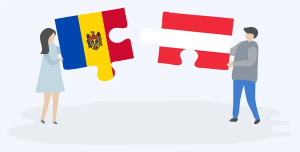 Pareja Sosteniendo Dos Piezas Rompecabezas Con Banderas Moldavas Austriacas Moldavia — Vector de stock