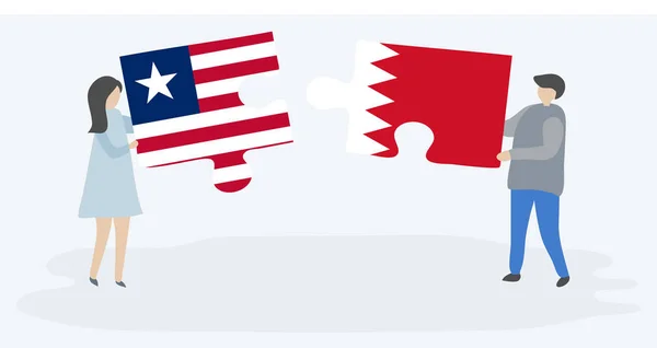 Par Som Innehar Två Pusselbitar Med Liberian Och Bahraini Flaggor — Stock vektor