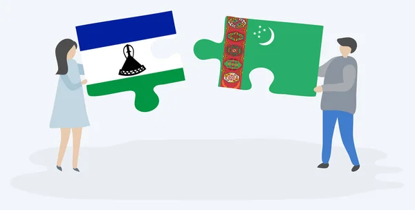 Casal Segurando Duas Peças Quebra Cabeças Com Bandeiras Basotho Turkmen —  Vetores de Stock