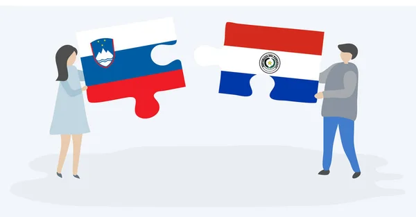 Paar Houden Twee Puzzels Stukken Met Sloveense Paraguayaanse Vlaggen Slovenië — Stockvector