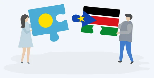 Para Trzyma Dwa Kawałki Puzzli Palauan Flagi Sudanu Południowego Palau — Wektor stockowy