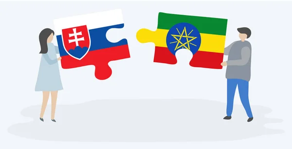 Casal Segurando Duas Peças Quebra Cabeças Com Bandeiras Eslovacas Etíopes — Vetor de Stock
