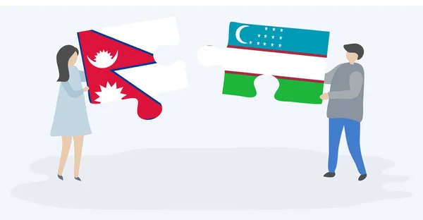 Ζευγάρι Που Κρατά Δύο Κομμάτια Παζλ Σημαίες Του Νεπάλ Και — Διανυσματικό Αρχείο