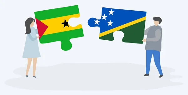 Pareja Sosteniendo Dos Piezas Rompecabezas Con Banderas Sao Tomean Solomon — Archivo Imágenes Vectoriales