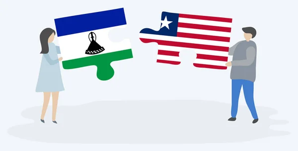 Pareja Sosteniendo Dos Piezas Rompecabezas Con Banderas Basotho Liberia Lesotho — Vector de stock