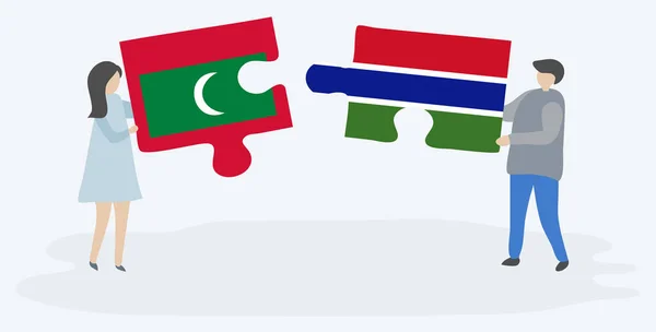 Couple Tenant Deux Pièces Puzzles Avec Des Drapeaux Maldiviens Gambiens — Image vectorielle