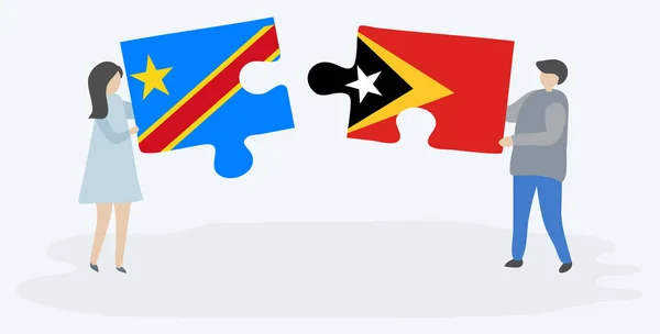 Casal Segurando Duas Peças Quebra Cabeças Com Bandeiras Congolesas Timorenses —  Vetores de Stock