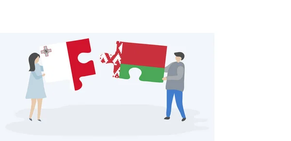 Paar Mit Zwei Puzzleteilen Mit Maltesischen Und Weißrussischen Flaggen Malta — Stockvektor