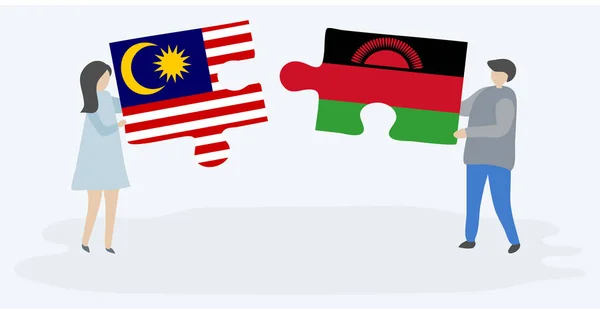 Dvojice Která Drží Dvě Skládanky Malajským Malawianskou Vlajkou Národní Symboly — Stockový vektor
