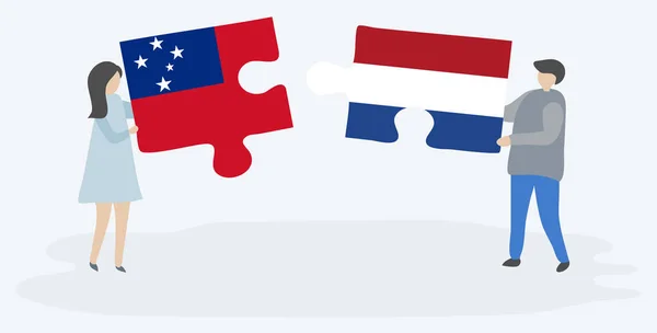 Casal Segurando Duas Peças Quebra Cabeças Com Bandeiras Samoanas Holandesas —  Vetores de Stock