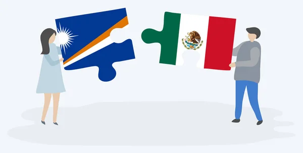 マーシャルとメキシコの旗と2つのパズルのピースを保持しているカップル マーシャル諸島とメキシコの国のシンボル — ストックベクタ