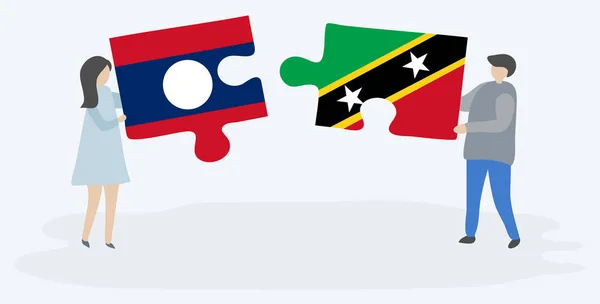 Paar Houden Twee Puzzels Stukken Met Lao Kittitian Vlaggen Laos — Stockvector