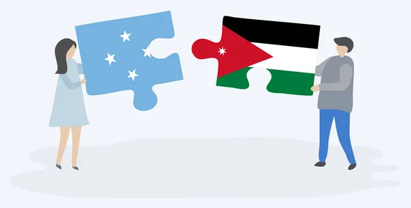 Couple Tenant Deux Pièces Puzzles Avec Des Drapeaux Micronésiens Jordaniens — Image vectorielle