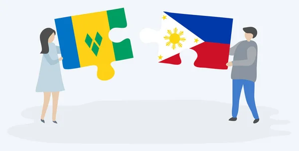 Couple Tenant Deux Pièces Puzzles Avec Des Drapeaux Vincentiens Philippins — Image vectorielle